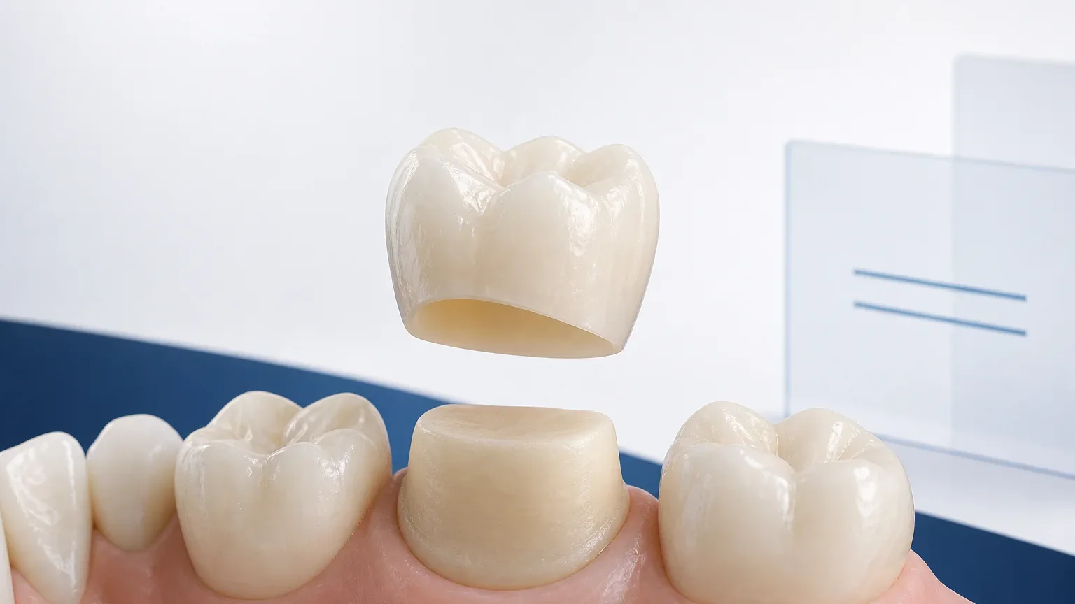 Corona dentale in ceramica accanto a un dente preparato su un modello odontoiatrico